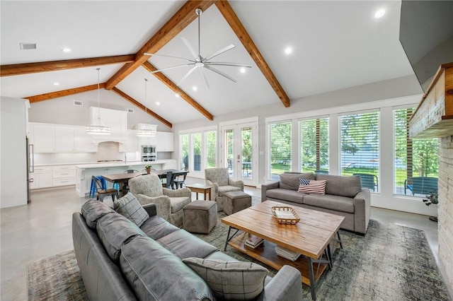 11188 Riley Green Rd, Franklin, TX 77856 - living room featuring beamed ceiling, finished concrete floors, ceiling fan, high vaulted ceiling, and recessed lighting