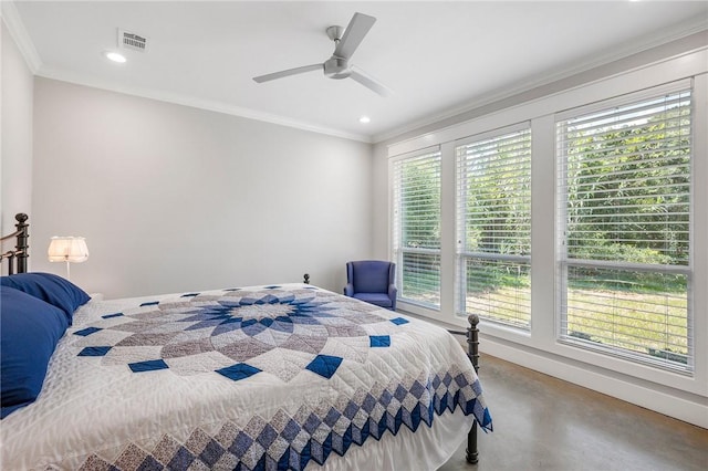 11188 Riley Green Rd, Franklin, TX 77856 - bedroom with crown molding, concrete floors, recessed lighting, and a ceiling fan