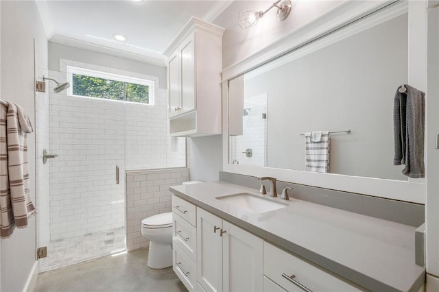 11188 Riley Green Rd, Franklin, TX 77856 - full bathroom featuring a stall shower, vanity, ornamental molding, finished concrete flooring, and recessed lighting