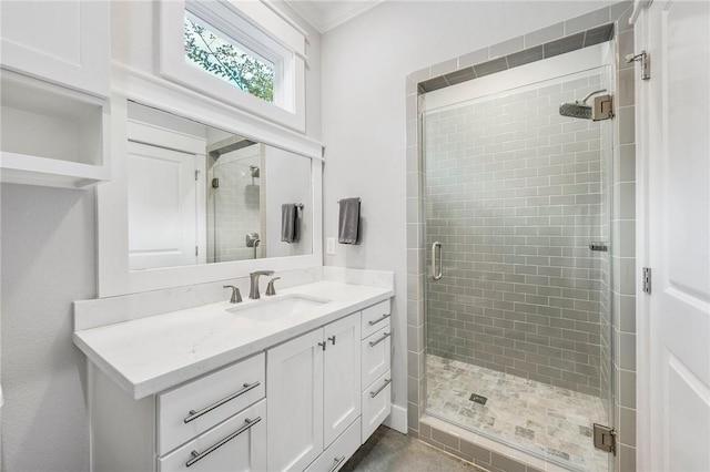 11188 Riley Green Rd, Franklin, TX 77856 - full bathroom featuring a stall shower, vanity, and ornamental molding