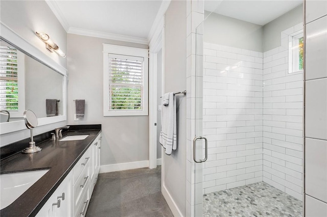 11188 Riley Green Rd, Franklin, TX 77856 - full bath with plenty of natural light, double vanity, a shower stall, and crown molding