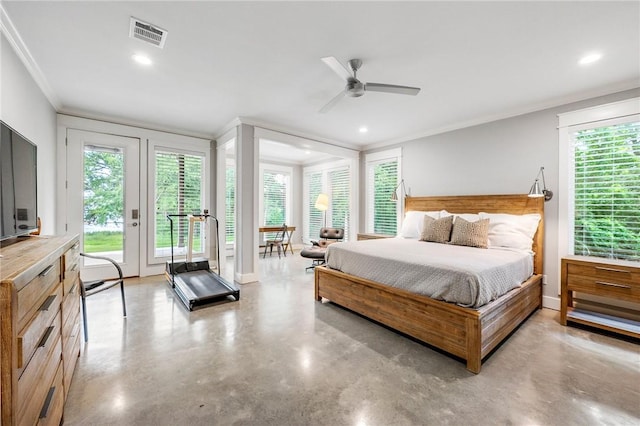 11188 Riley Green Rd, Franklin, TX 77856 - bedroom featuring ornamental molding, access to outside, multiple windows, recessed lighting, and ceiling fan