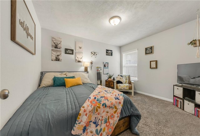 carpeted bedroom with a textured ceiling