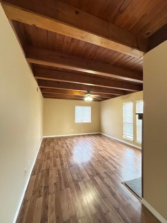 empty room featuring wooden ceiling, ceiling fan, hardwood / wood-style flooring, and beamed ceiling