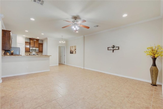3609 Haverford Rd, College Station, TX 77845 - unfurnished living room with a ceiling fan, crown molding, recessed lighting, light tile patterned floors, and a chandelier