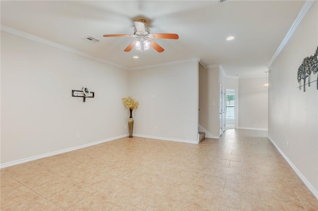 3609 Haverford Rd, College Station, TX 77845 - unfurnished room featuring ceiling fan, ornamental molding, stairs, recessed lighting, and light tile patterned flooring