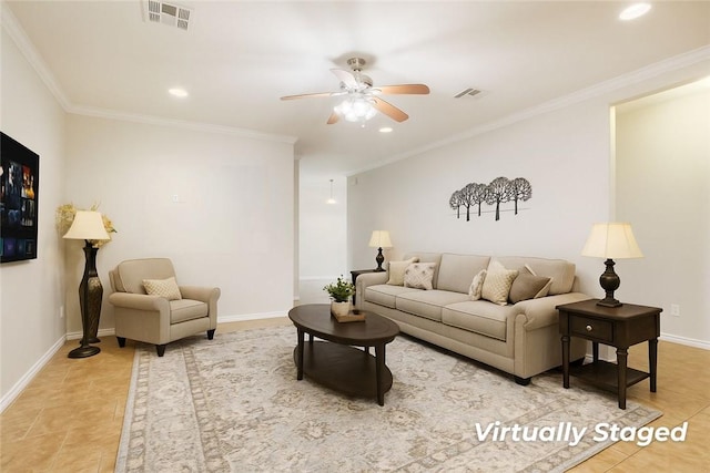 3609 Haverford Rd, College Station, TX 77845 - living room with ceiling fan, recessed lighting, crown molding, and tile patterned floors