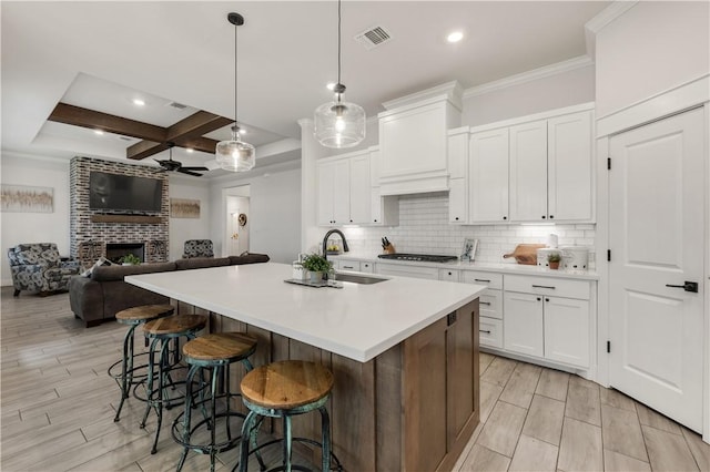 kitchen with white cabinetry, sink, and a center island with sink