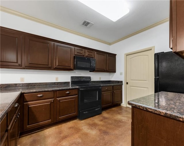 kitchen with crown molding, dark brown cabinetry, visible vents, black appliances, and dark stone counters