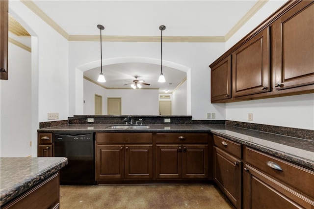kitchen featuring decorative light fixtures, crown molding, a sink, ceiling fan, and dishwasher