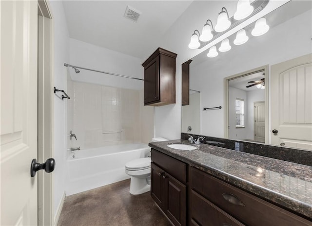bathroom with visible vents, toilet, a ceiling fan, vanity, and shower / bath combination