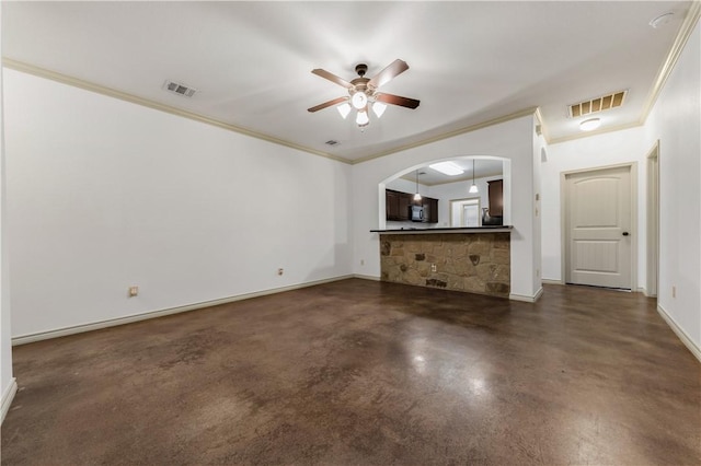 unfurnished living room featuring a ceiling fan, finished concrete flooring, baseboards, and visible vents