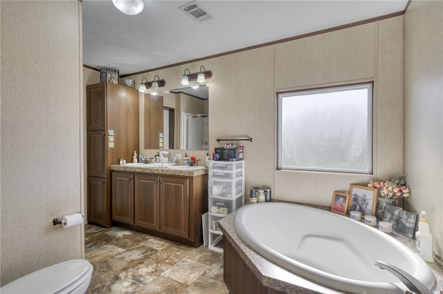 2095 Fm 1452 W, Madisonville, TX 77864 - full bath featuring a garden tub, vanity, stone finish floors, toilet, and a shower