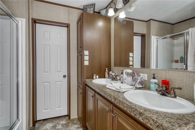 2095 Fm 1452 W, Madisonville, TX 77864 - full bathroom with double vanity, a stall shower, crown molding, and stone finish flooring