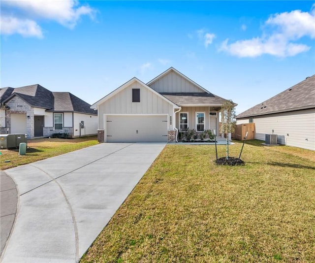 view of front of house featuring a porch, a garage, central AC unit, and a front lawn