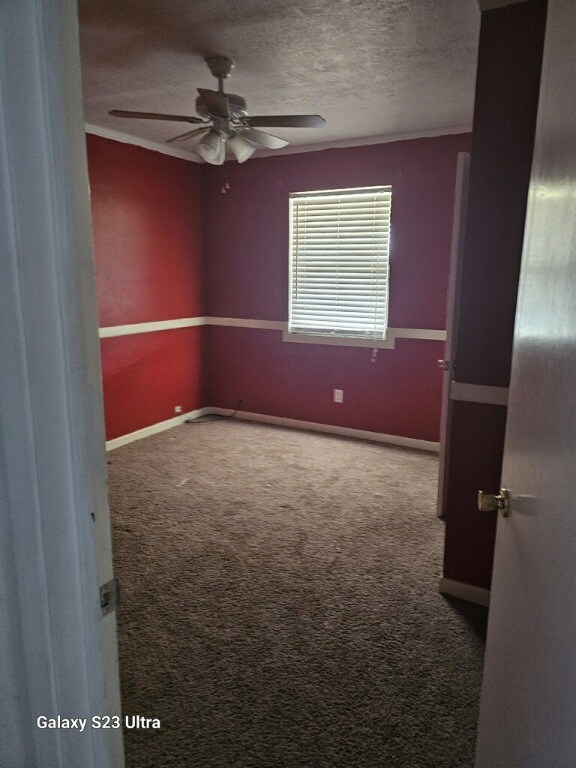 empty room featuring carpet flooring, ceiling fan, a textured ceiling, and ornamental molding