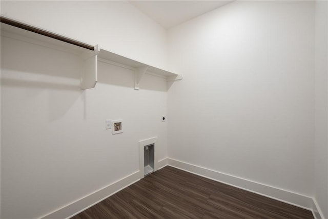 laundry area with electric dryer hookup, dark wood-type flooring, and washer hookup