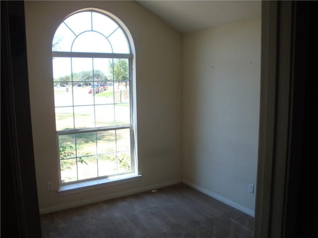 carpeted empty room featuring a healthy amount of sunlight, vaulted ceiling, and baseboards