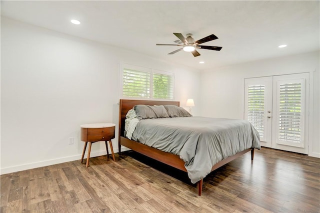 bedroom featuring access to outside, ceiling fan, french doors, and hardwood / wood-style flooring