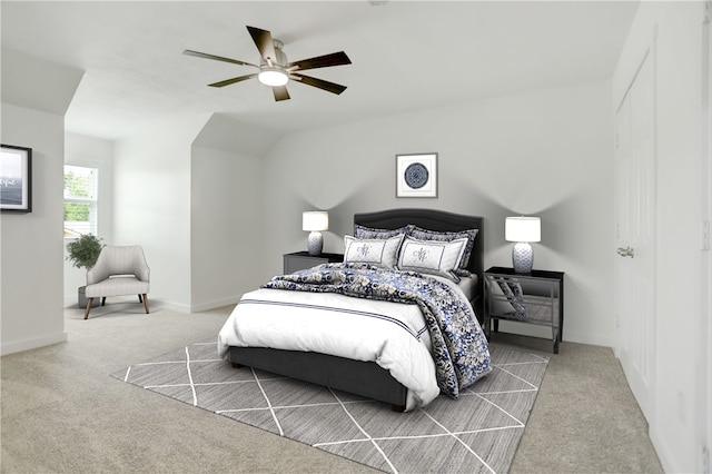 carpeted bedroom featuring ceiling fan