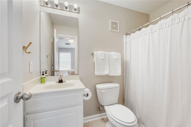 bathroom with tile patterned floors, visible vents, toilet, and vanity