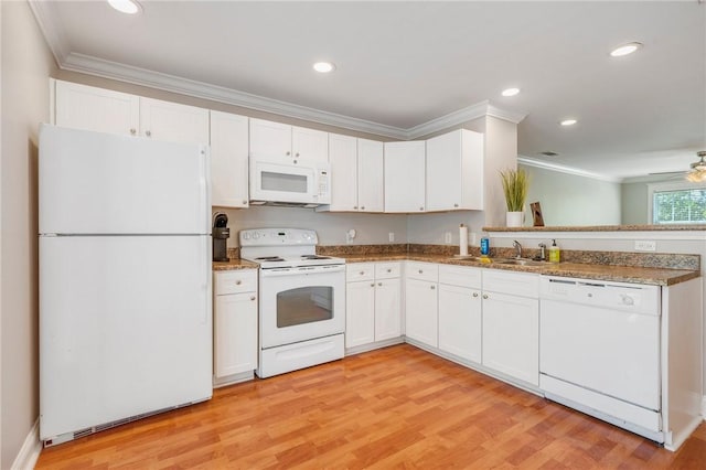 kitchen with white cabinetry, ornamental molding, white appliances, and light wood-style floors