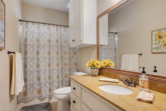 bathroom featuring toilet, vanity, and a shower with curtain