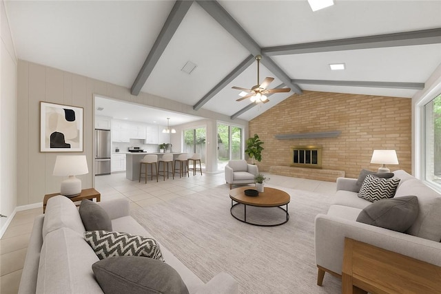 2008 Rayburn Ct, College Station, TX 77840 - living room featuring light tile patterned floors, healthy amount of natural light, ceiling fan, brick wall, and a fireplace