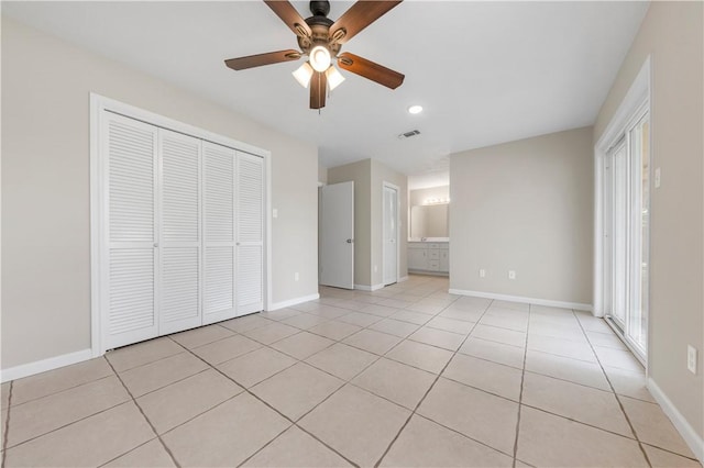 2008 Rayburn Ct, College Station, TX 77840 - unfurnished bedroom with light tile patterned floors, baseboards, a closet, recessed lighting, and a ceiling fan