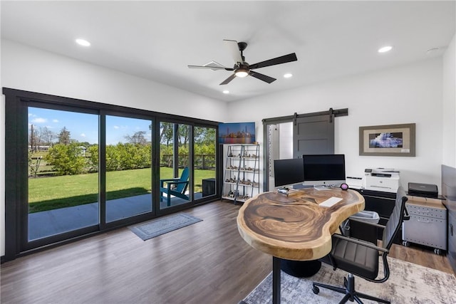 1923 County Road 202, Caldwell, TX 77836 - home office featuring ceiling fan, recessed lighting, wood finished floors, and a barn door