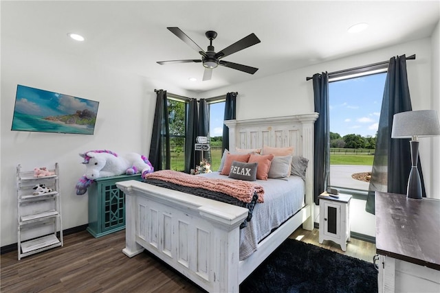 1923 County Road 202, Caldwell, TX 77836 - bedroom featuring dark wood-style flooring, recessed lighting, baseboards, and a ceiling fan