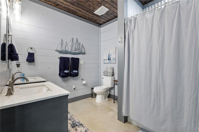 1923 County Road 202, Caldwell, TX 77836 - full bathroom with toilet, finished concrete flooring, wooden ceiling, a shower with shower curtain, and vanity