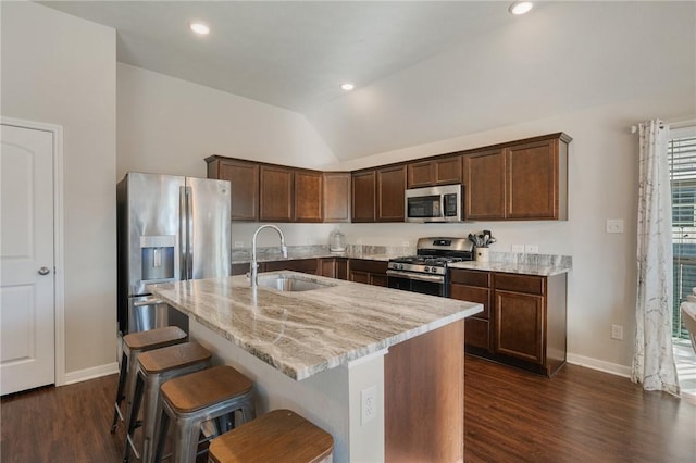 kitchen with sink, dark wood-type flooring, stainless steel appliances, lofted ceiling, and a center island with sink