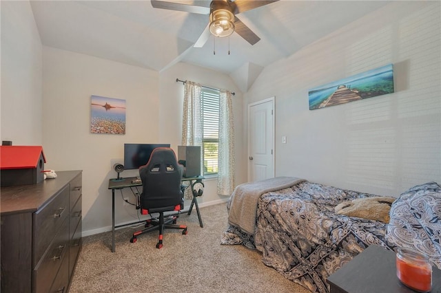 carpeted bedroom featuring ceiling fan and lofted ceiling