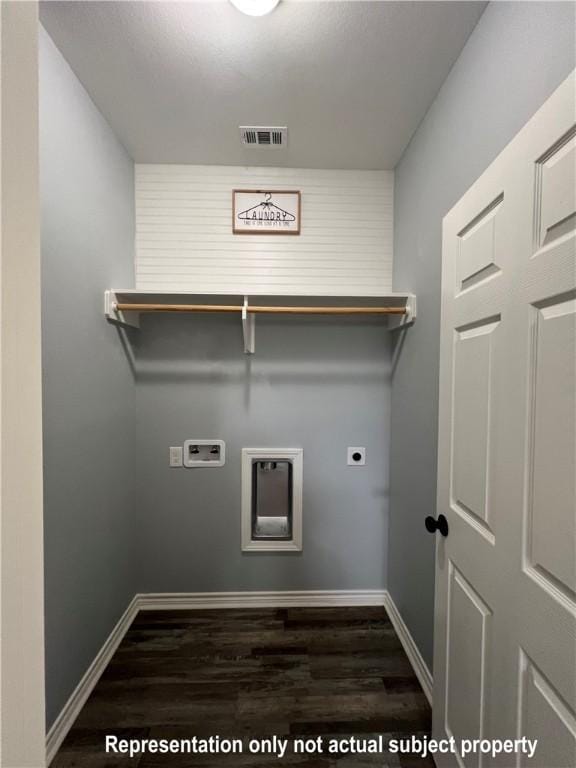 clothes washing area with dark wood-type flooring, washer hookup, and electric dryer hookup