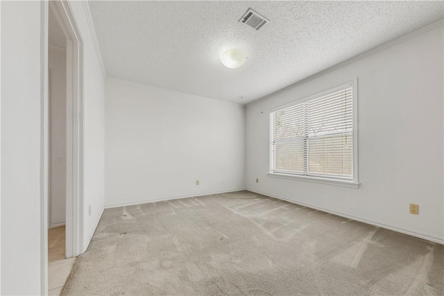 spare room featuring a textured ceiling and light colored carpet