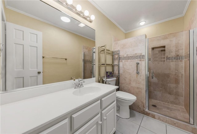 bathroom with tile patterned floors, ornamental molding, vanity, and a shower with shower door