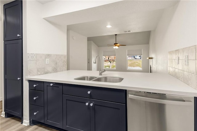 kitchen with ceiling fan, sink, dishwasher, and decorative backsplash