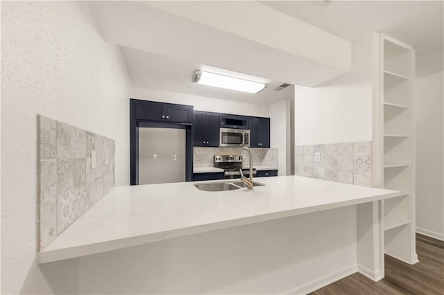 kitchen featuring appliances with stainless steel finishes, dark wood-type flooring, backsplash, sink, and kitchen peninsula