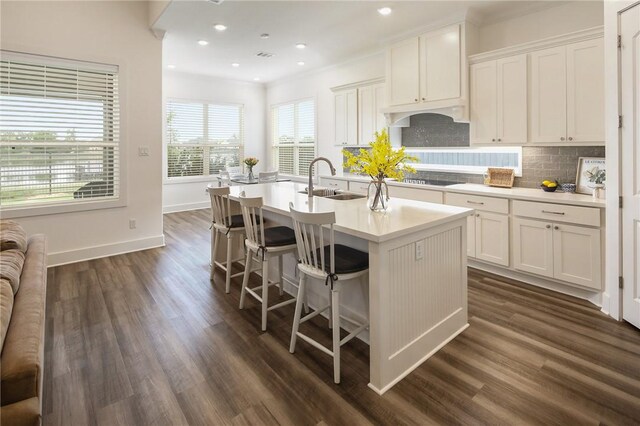 1932 Sherrill Ct, College Station, TX 77845 - kitchen featuring a sink, a center island with sink, backsplash, dark wood finished floors, and white cabinetry