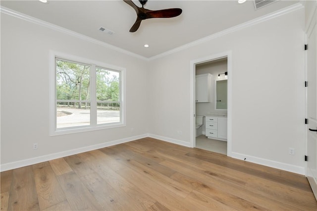 unfurnished bedroom with ceiling fan, light wood-type flooring, crown molding, and connected bathroom