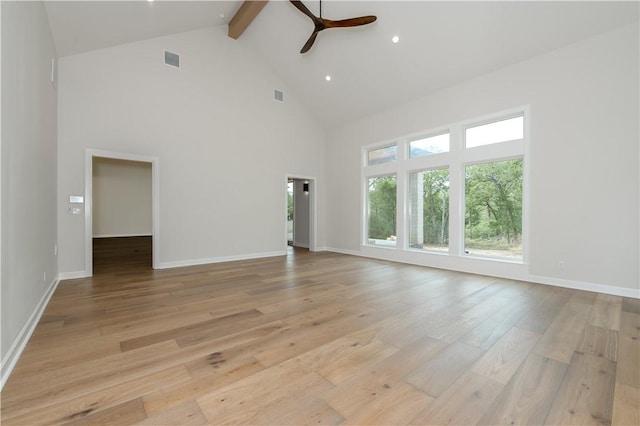 unfurnished living room with beamed ceiling, high vaulted ceiling, light hardwood / wood-style flooring, and ceiling fan