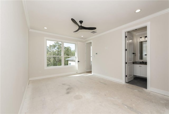 unfurnished bedroom with ensuite bathroom, ceiling fan, and crown molding