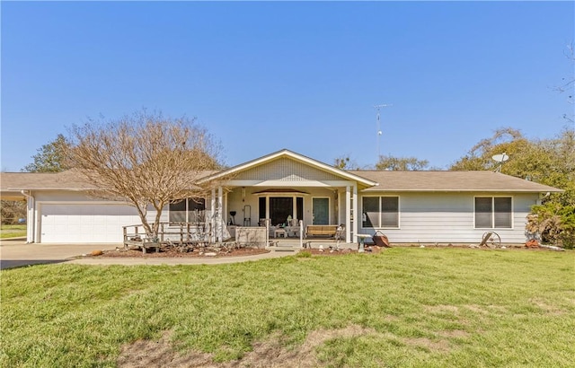 single story home with a garage, driveway, a porch, and a front lawn