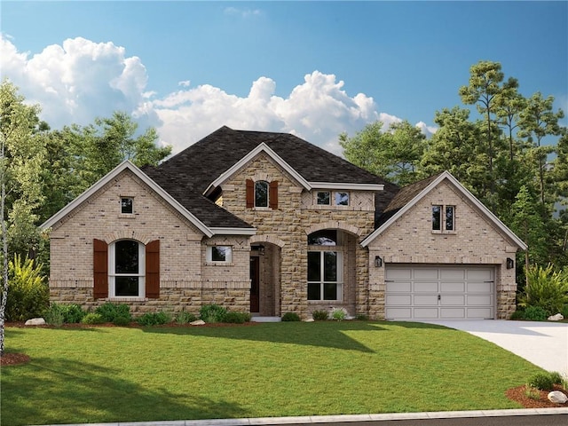 view of front of home with brick siding, roof with shingles, a front yard, a garage, and driveway