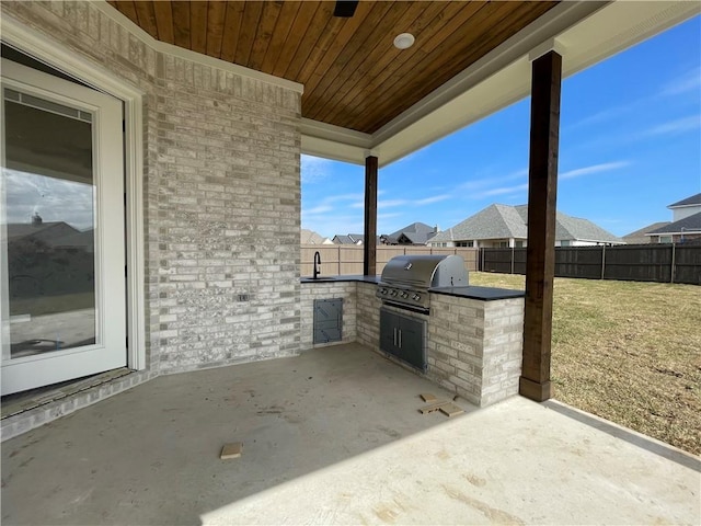 view of patio / terrace with a fenced backyard, an outdoor kitchen, and area for grilling