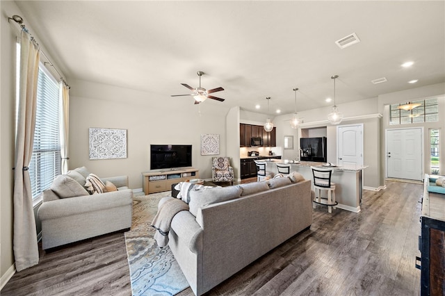 3860 Still Creek Loop, College Station, TX 77845 - living area featuring recessed lighting, dark wood-type flooring, baseboards, and a ceiling fan