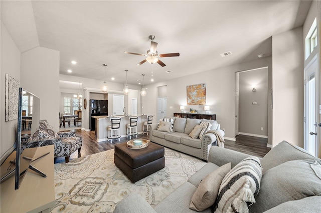 3860 Still Creek Loop, College Station, TX 77845 - living area with recessed lighting, dark wood-style floors, baseboards, and ceiling fan