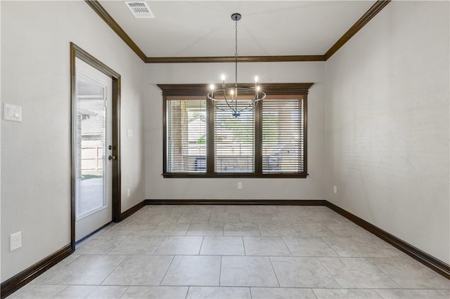 unfurnished dining area with healthy amount of natural light, a chandelier, crown molding, baseboards, and light tile patterned flooring
