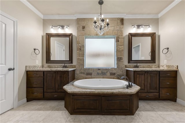 bathroom featuring a chandelier, ornamental molding, a garden tub, two vanities, and tile patterned floors